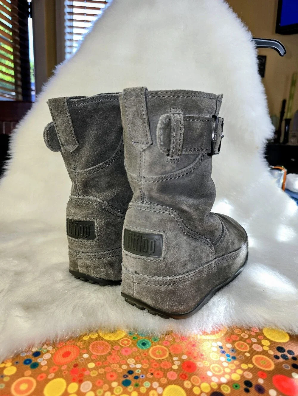 FitFlop Gray Suede Superboot Short Ankle Boots - Kids/Women